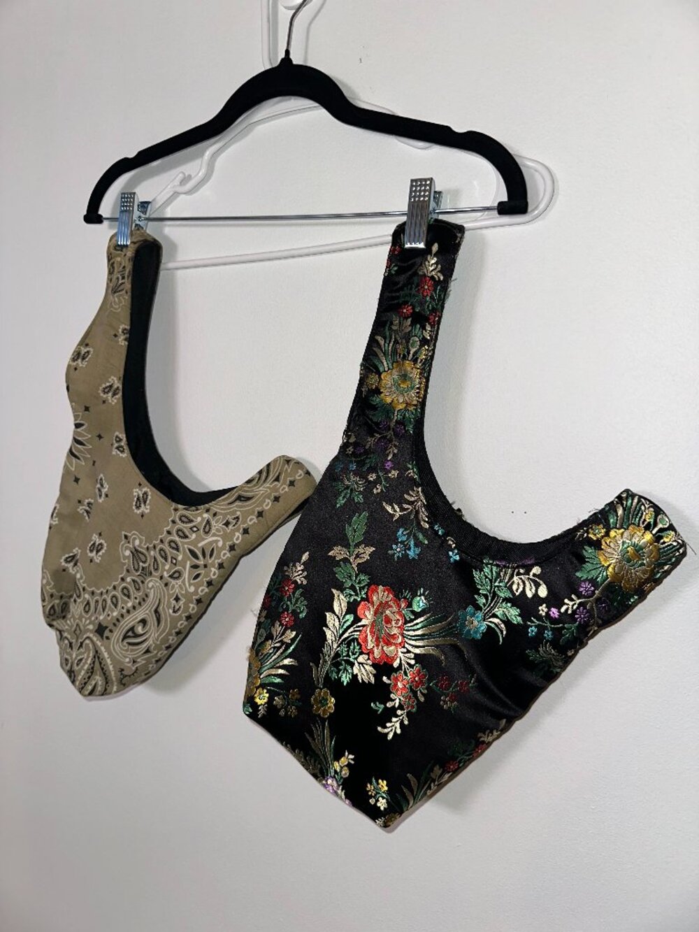 Yaito Bags: Satin flower print and tan bandana.
